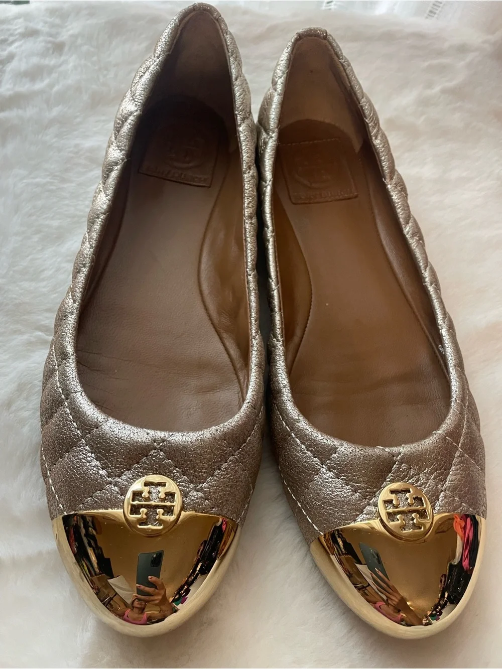 Tory Burch Champagne Quilted Ballet Flats with Gold Cap Toe